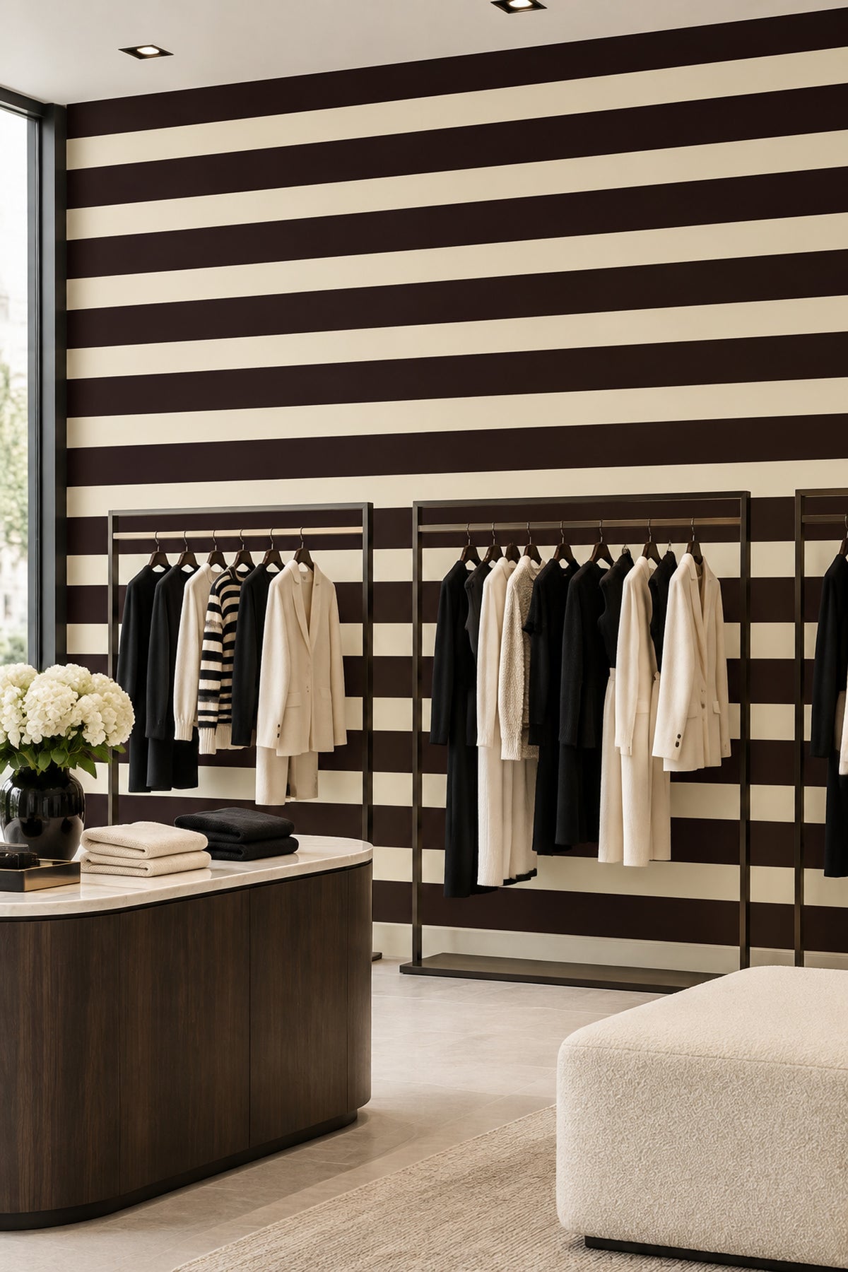 Stripe Wallpaper Horizontal Bands In Burgundy Brown And Cream