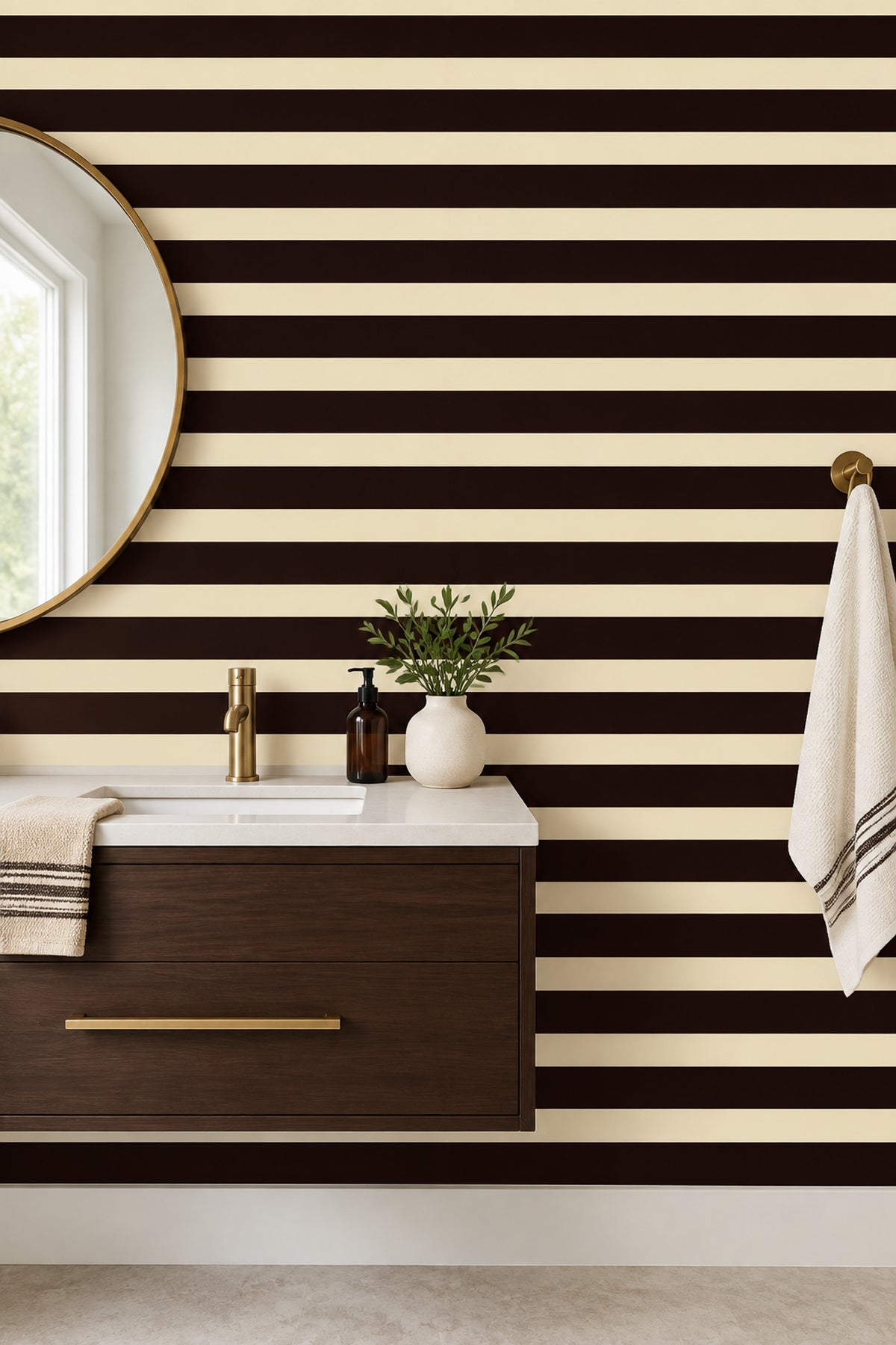 Stripe Wallpaper Horizontal Bands In Burgundy Brown And Cream