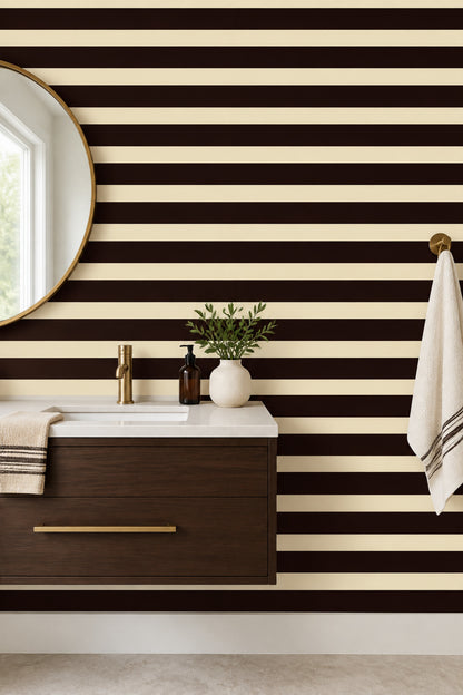 Stripe Wallpaper Horizontal Bands In Burgundy Brown And Cream
