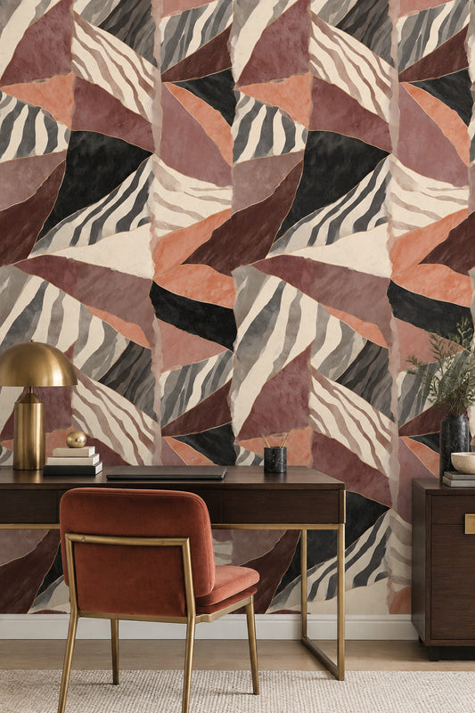Abstract Leaf Wallpaper Patchwork Zebra Stripes Earth Tones