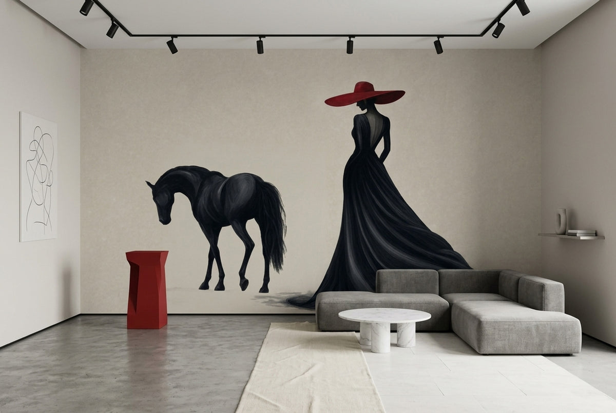 Elegant Woman On Black Horse Wallpaper Red Hat Fashion Wall Mural
