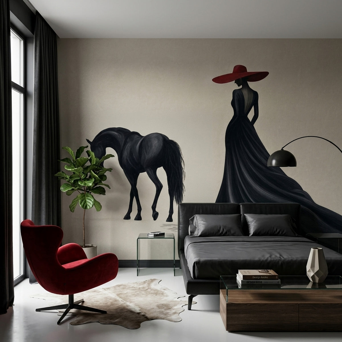 Elegant Woman On Black Horse Wallpaper Red Hat Fashion Wall Mural