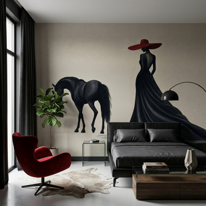 Elegant Woman On Black Horse Wallpaper Red Hat Fashion Wall Mural