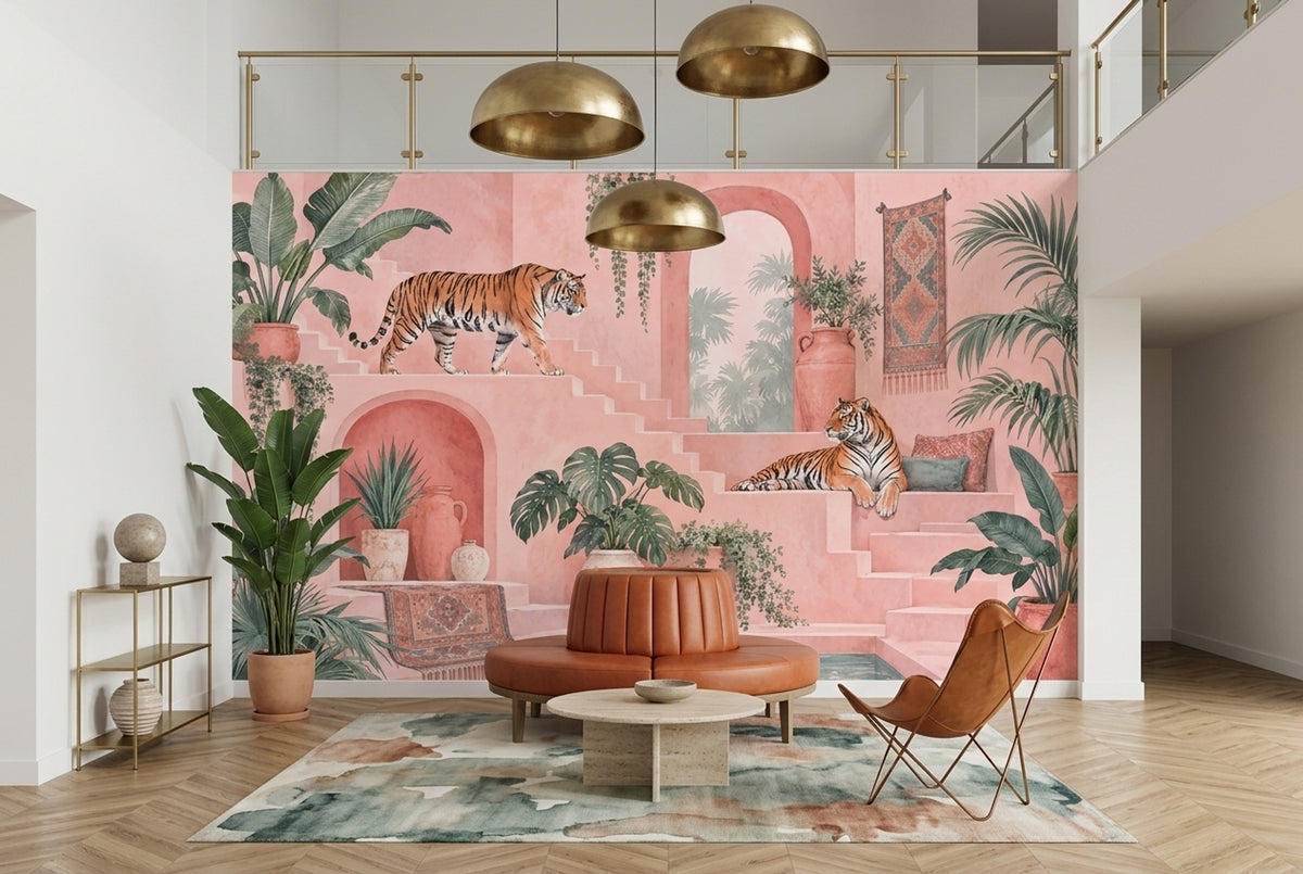 Tigers Tropical Courtyard Wallpaper Pink Arches Wall Mural