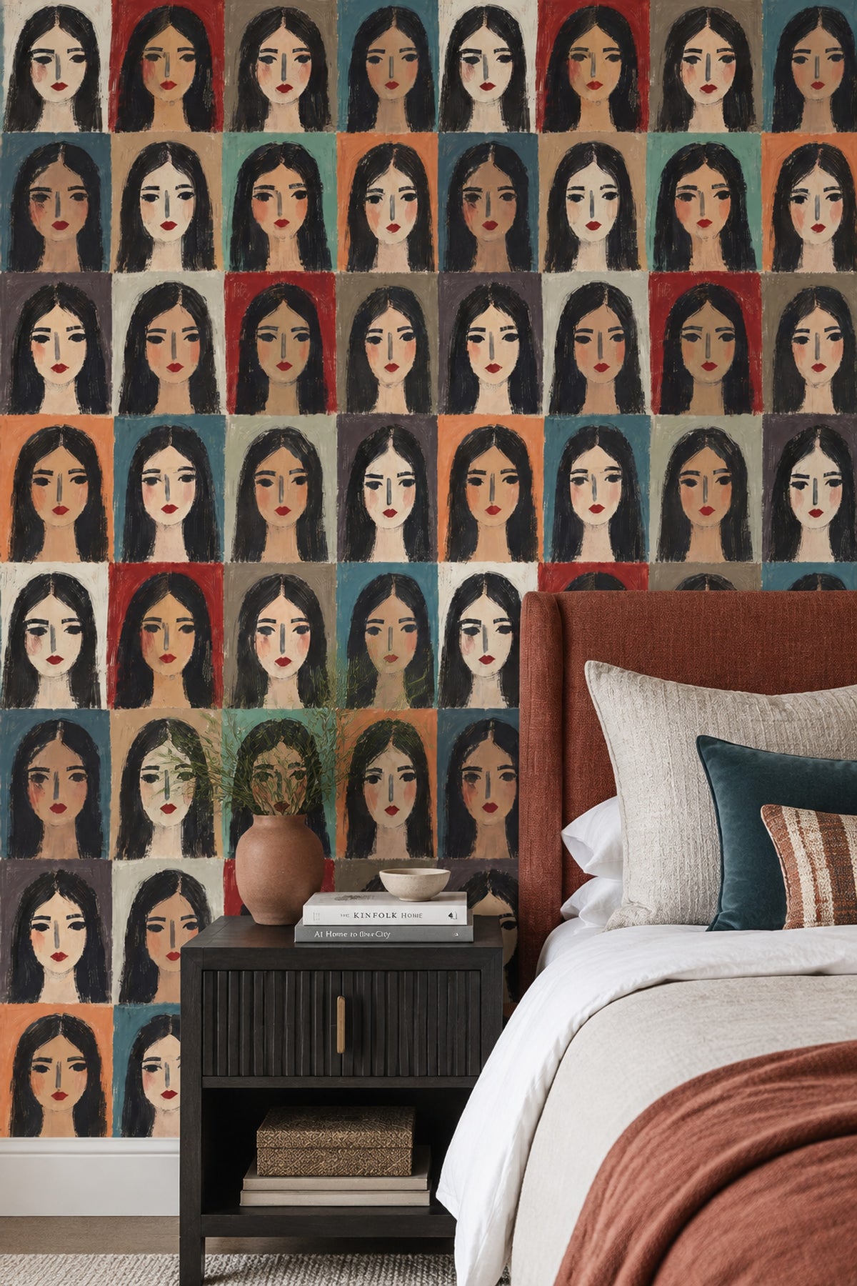 Repeated Female Portraits Wallpaper Color Block Grid