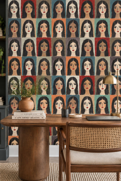 Repeated Female Portraits Wallpaper Color Block Grid