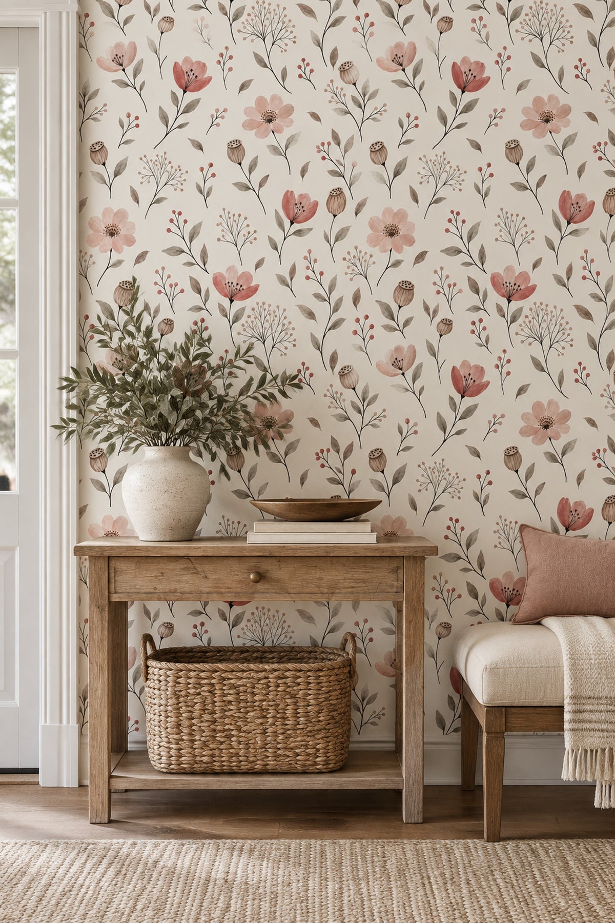 Pink Watercolor Flowers Wallpaper Cream Botanical
