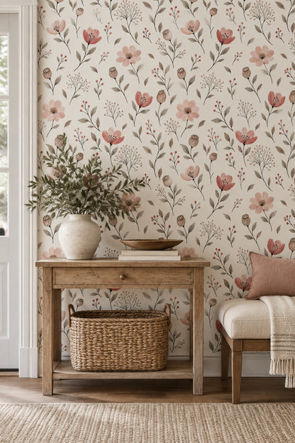 Pink Watercolor Flowers Wallpaper Cream Botanical