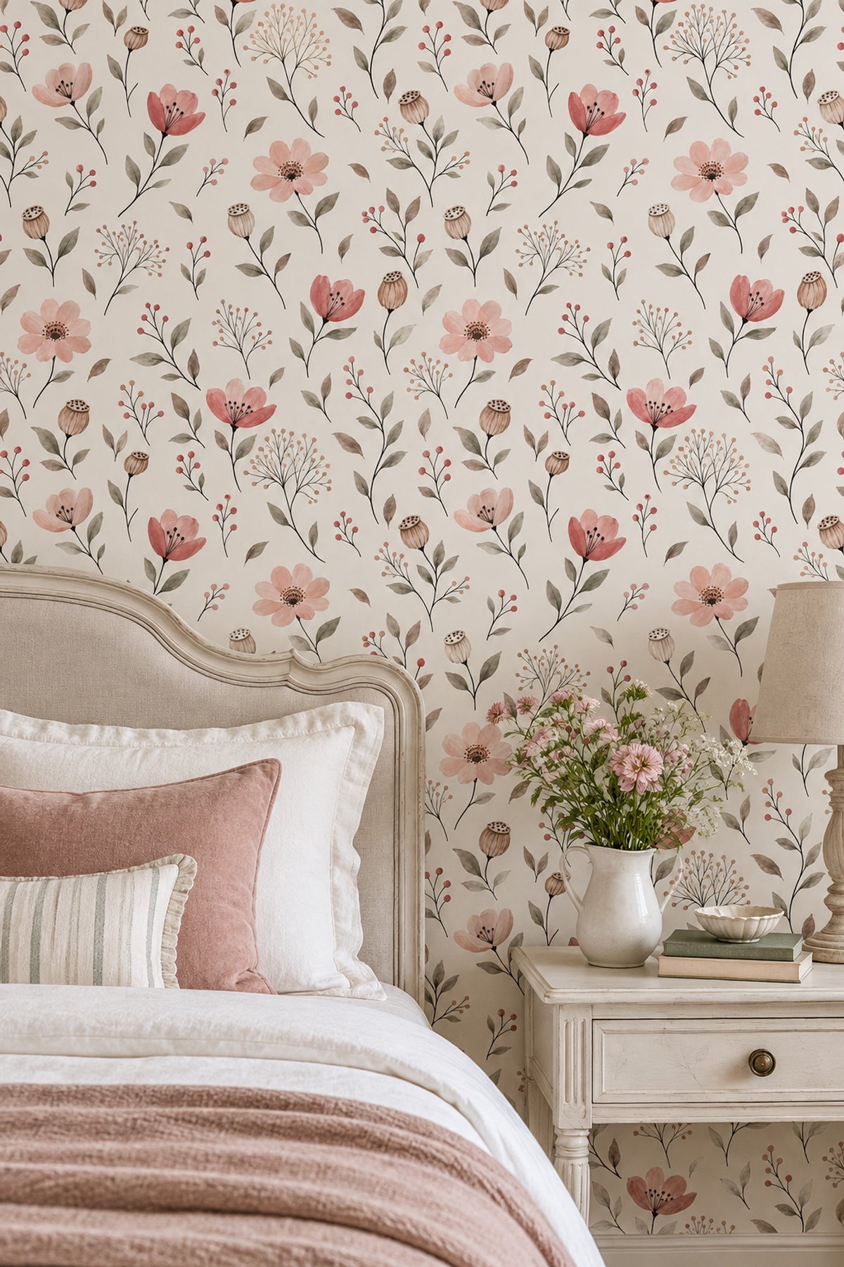 Pink Watercolor Flowers Wallpaper Cream Botanical