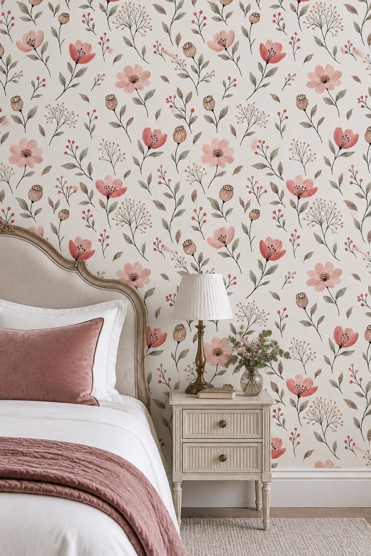 Pink Watercolor Flowers Wallpaper Cream Botanical