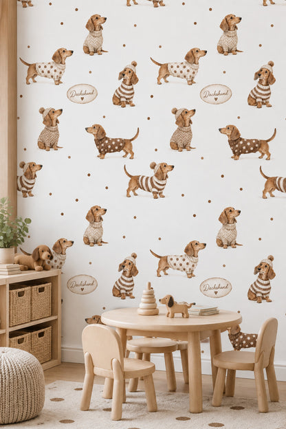 Dachshund Dogs In Knit Sweaters Wallpaper White Background