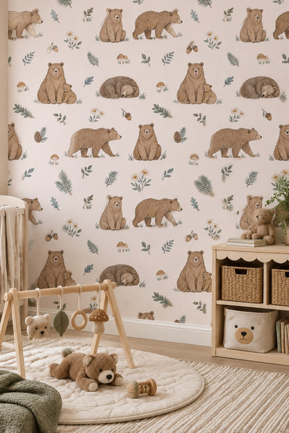 Watercolor Bears Wallpaper Woodland Nursery Pattern