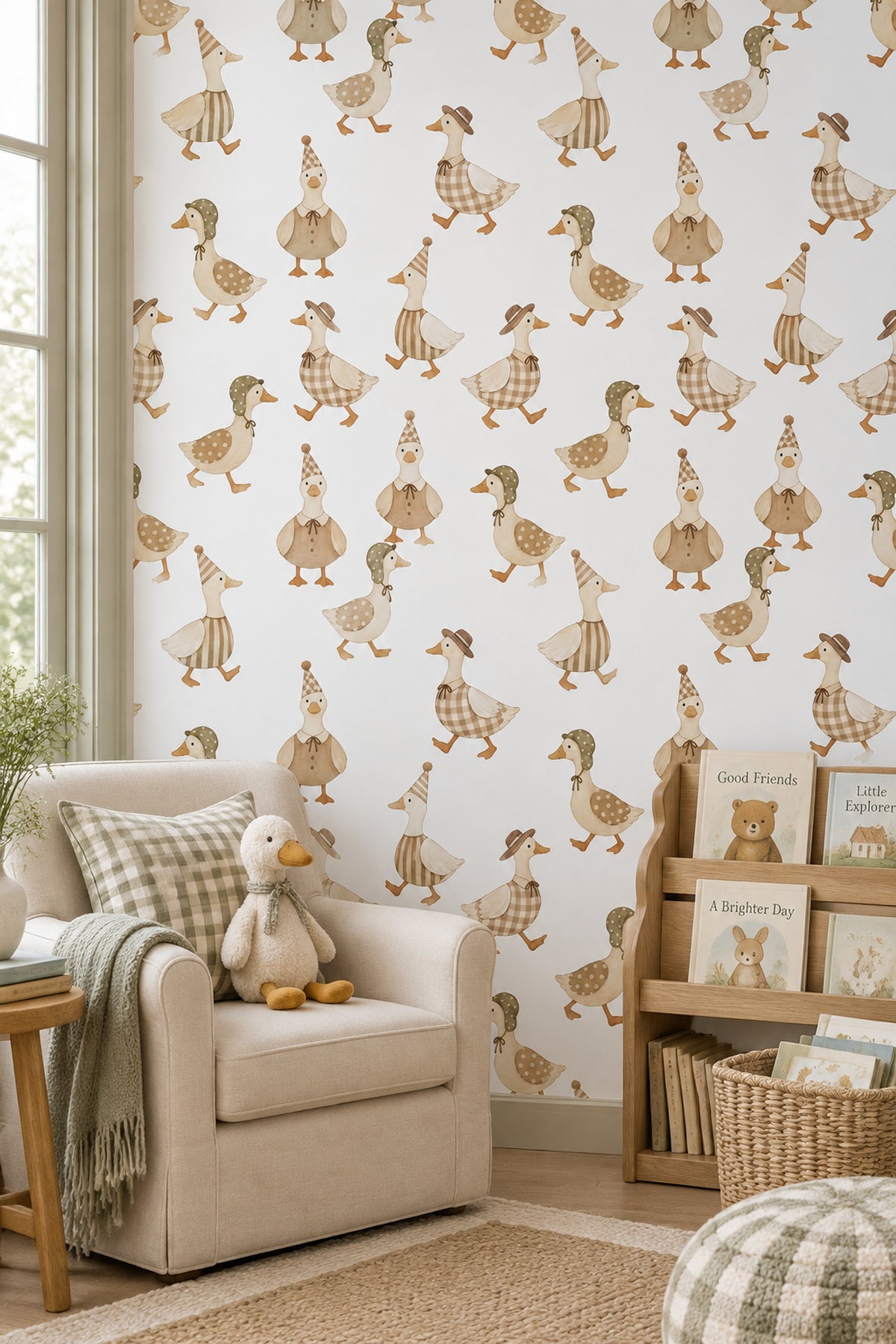 Dressed Ducks Wallpaper Watercolor Neutral Pattern