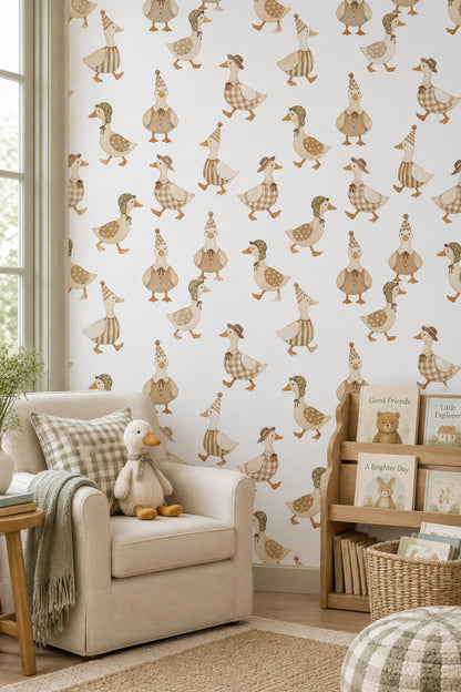 Dressed Ducks Wallpaper Watercolor Neutral Pattern
