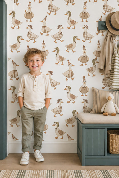 Dressed Ducks Wallpaper Watercolor Neutral Pattern