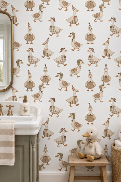 Dressed Ducks Wallpaper Watercolor Neutral Pattern