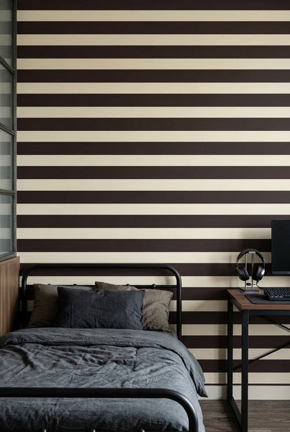 Horizontal Stripes Wallpaper Dark Brown Beige Cream Bands