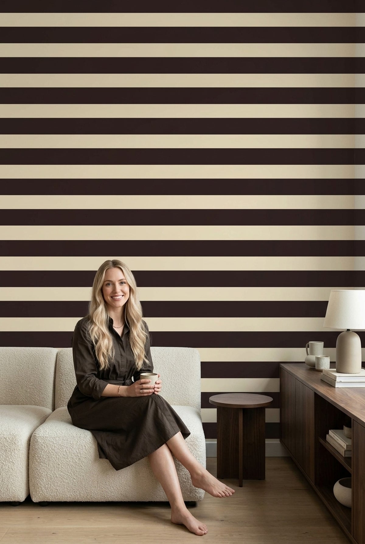 Horizontal Stripes Wallpaper Dark Brown Beige Cream Bands