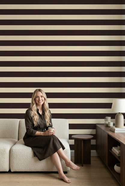 Horizontal Stripes Wallpaper Dark Brown Beige Cream Bands