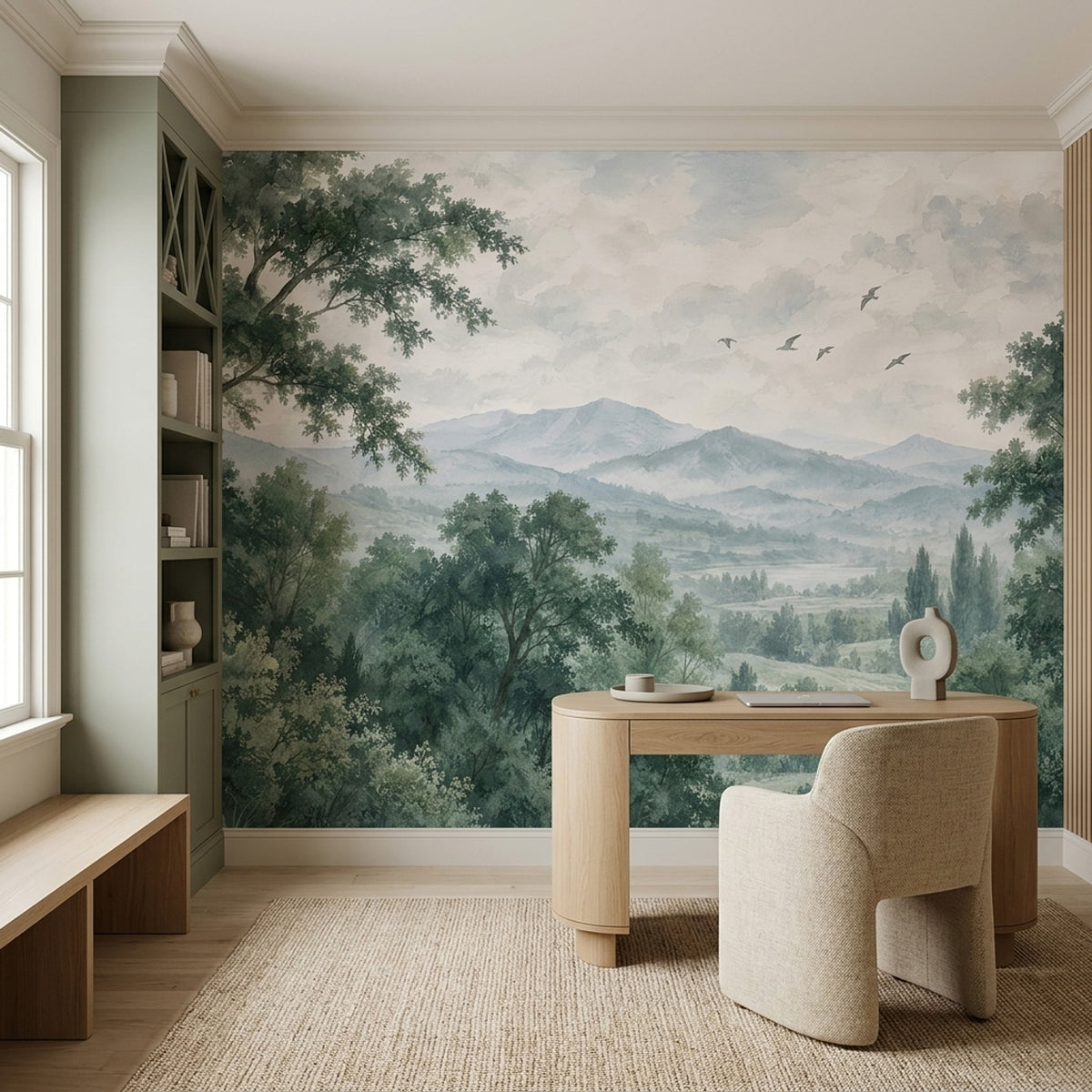 Misty Forest Mountains Wallpaper Watercolor Scenic Wall Mural