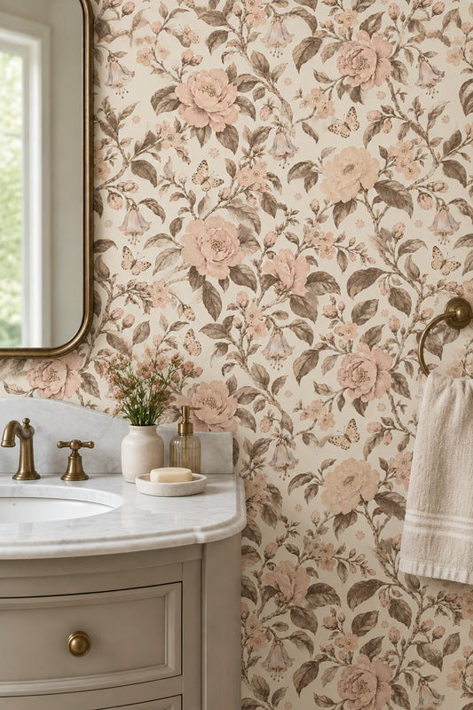 Pink Peony Butterfly Wallpaper Vintage Cream Botanical