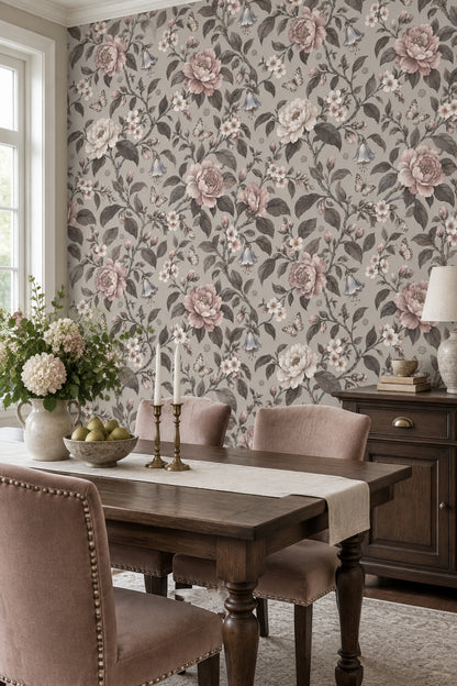 Peonies And Butterflies Wallpaper Vintage Floral Gray Background
