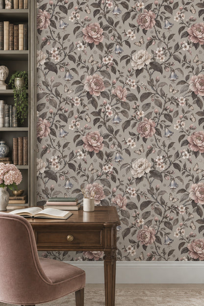 Peonies And Butterflies Wallpaper Vintage Floral Gray Background