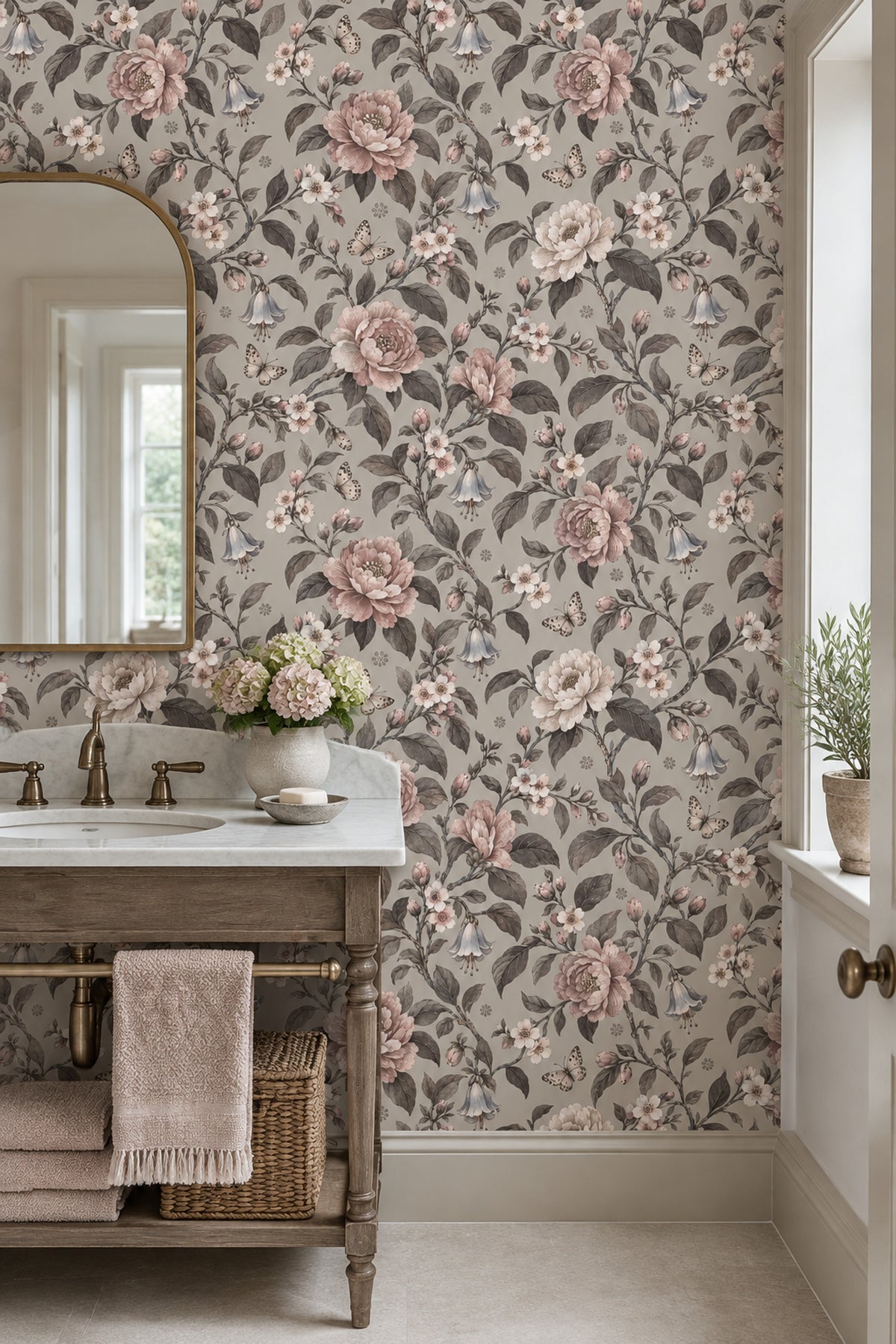 Peonies And Butterflies Wallpaper Vintage Floral Gray Background