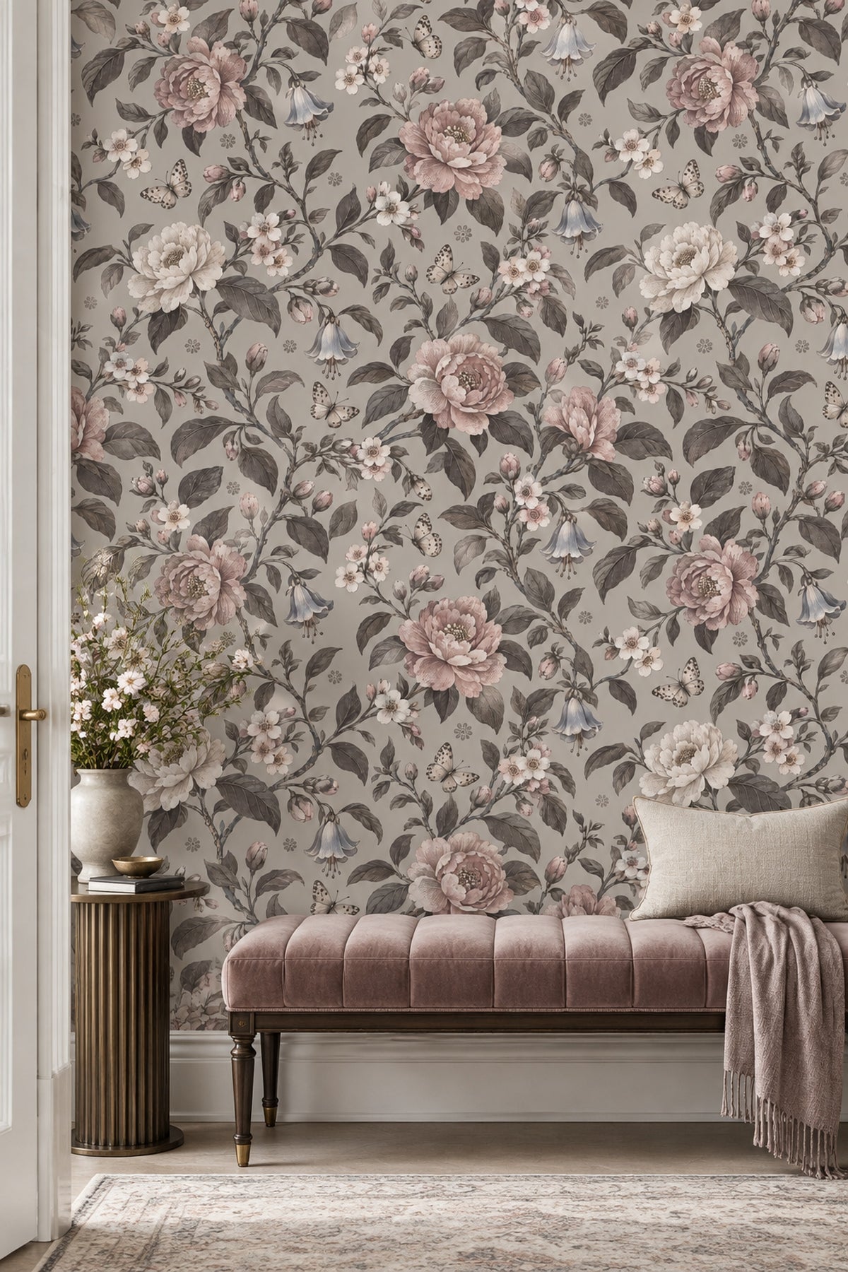 Peonies And Butterflies Wallpaper Vintage Floral Gray Background