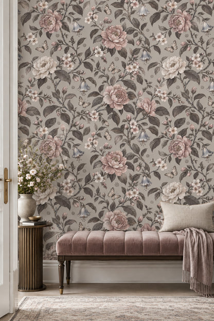 Peonies And Butterflies Wallpaper Vintage Floral Gray Background