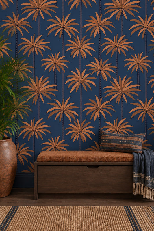 Palm Trees Wallpaper Navy Background Terracotta Leaves