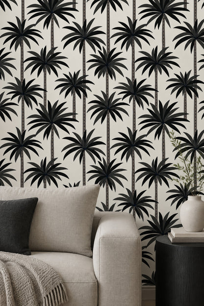 Black Palm Trees Wallpaper Cream Background