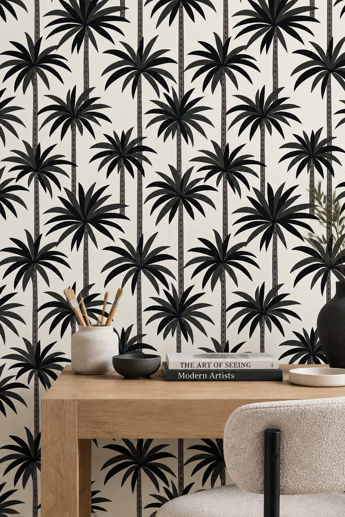 Black Palm Trees Wallpaper Cream Background