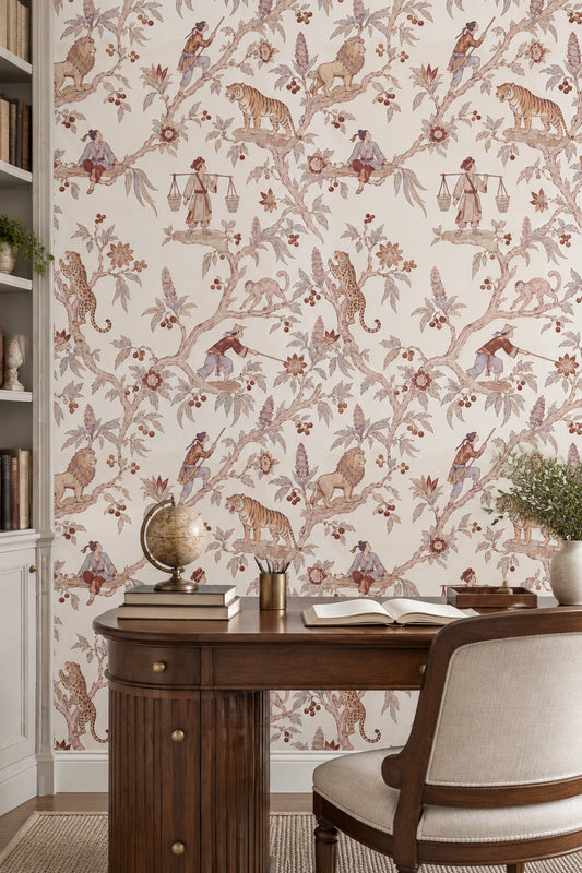Exotic Animals And East Asian Figures Wallpaper Chinoiserie Toile Ivory