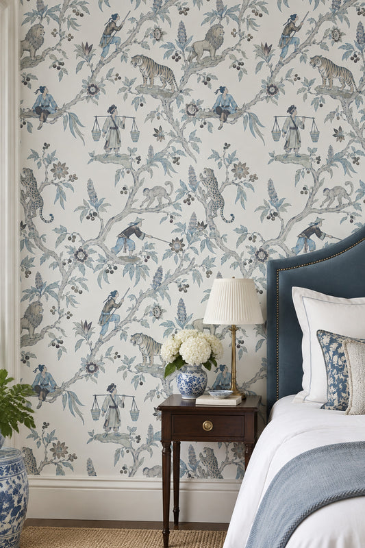 Chinoiserie Figures And Big Cats Wallpaper White Background