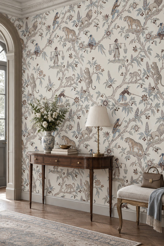 Chinoiserie Tigers Lions And Figures Wallpaper Ivory Botanical Toile