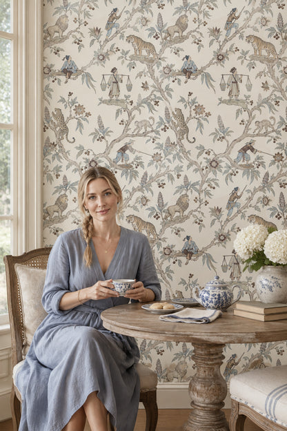Chinoiserie Tigers Lions And Figures Wallpaper Ivory Botanical Toile