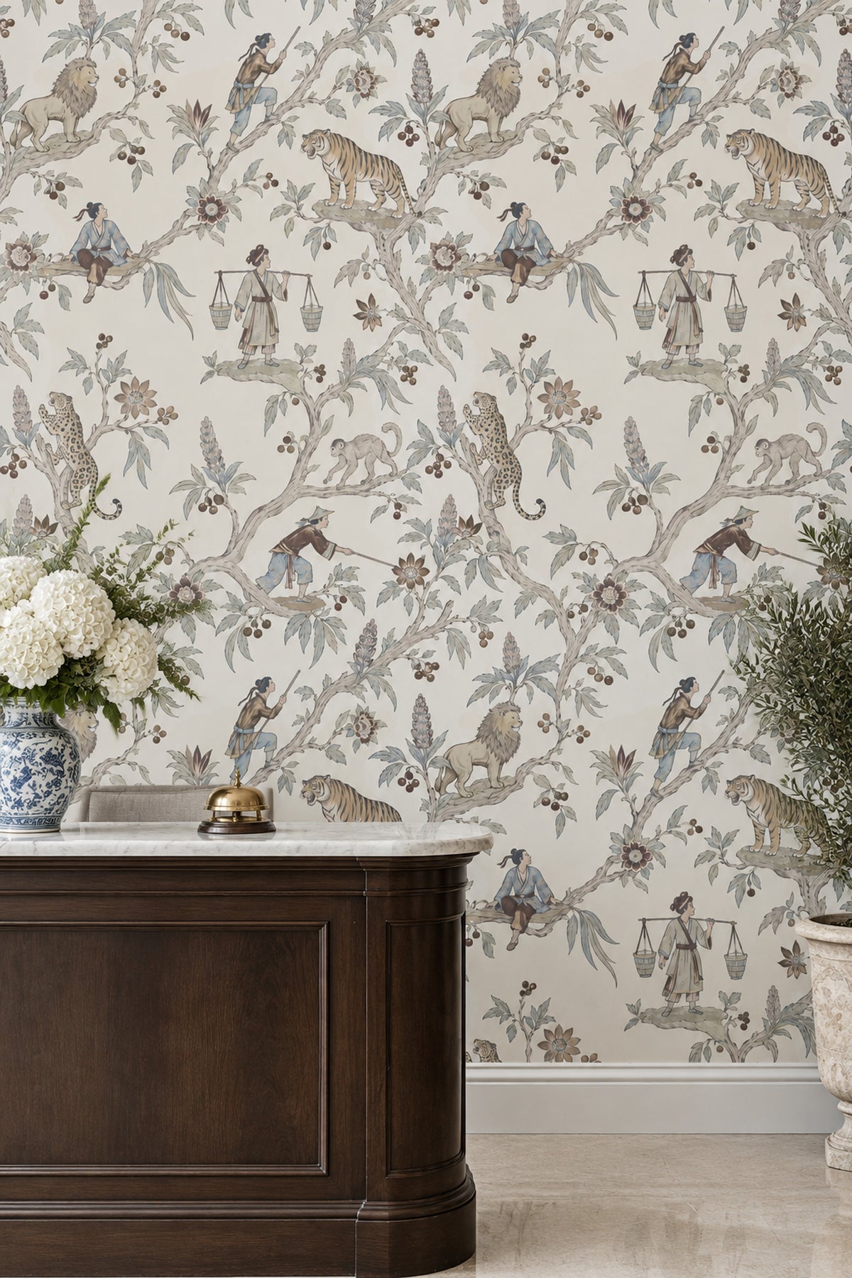 Chinoiserie Tigers Lions And Figures Wallpaper Ivory Botanical Toile