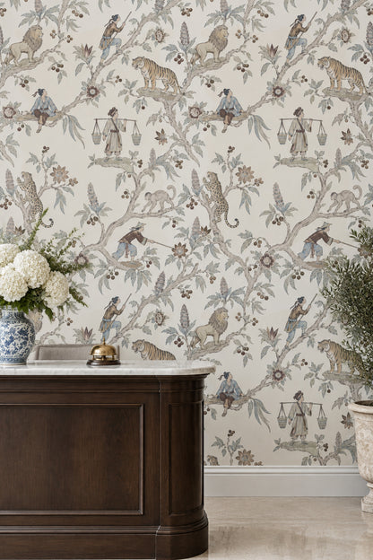 Chinoiserie Tigers Lions And Figures Wallpaper Ivory Botanical Toile