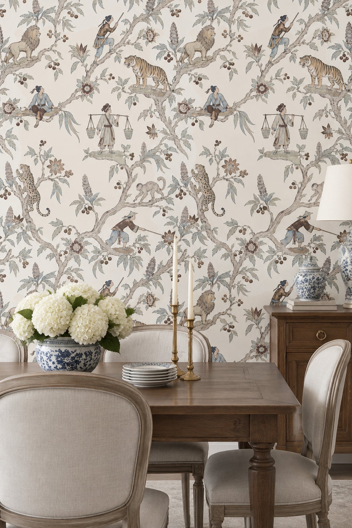 Chinoiserie Tigers Lions And Figures Wallpaper Ivory Botanical Toile