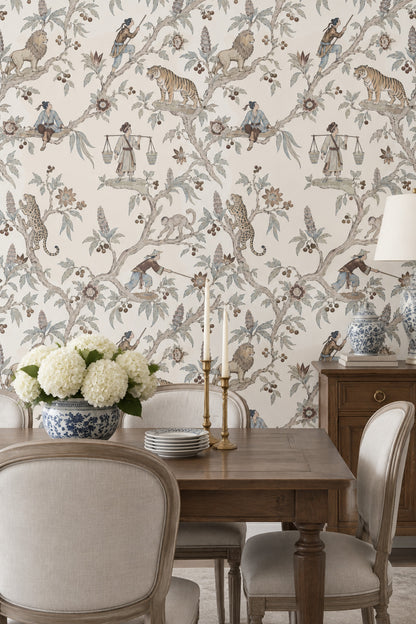Chinoiserie Tigers Lions And Figures Wallpaper Ivory Botanical Toile