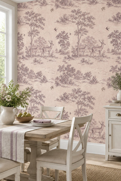 Deer And Birds Wallpaper Vintage Toile Cream Beige