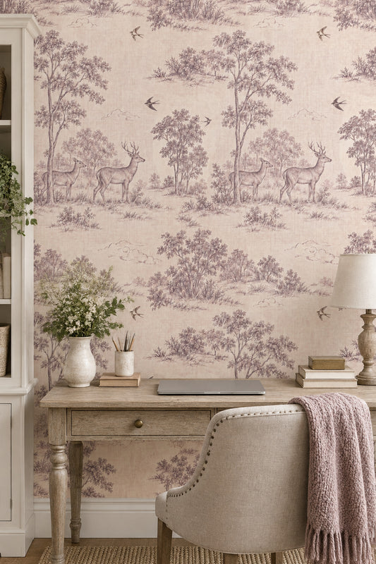 Deer And Birds Wallpaper Vintage Toile Cream Beige