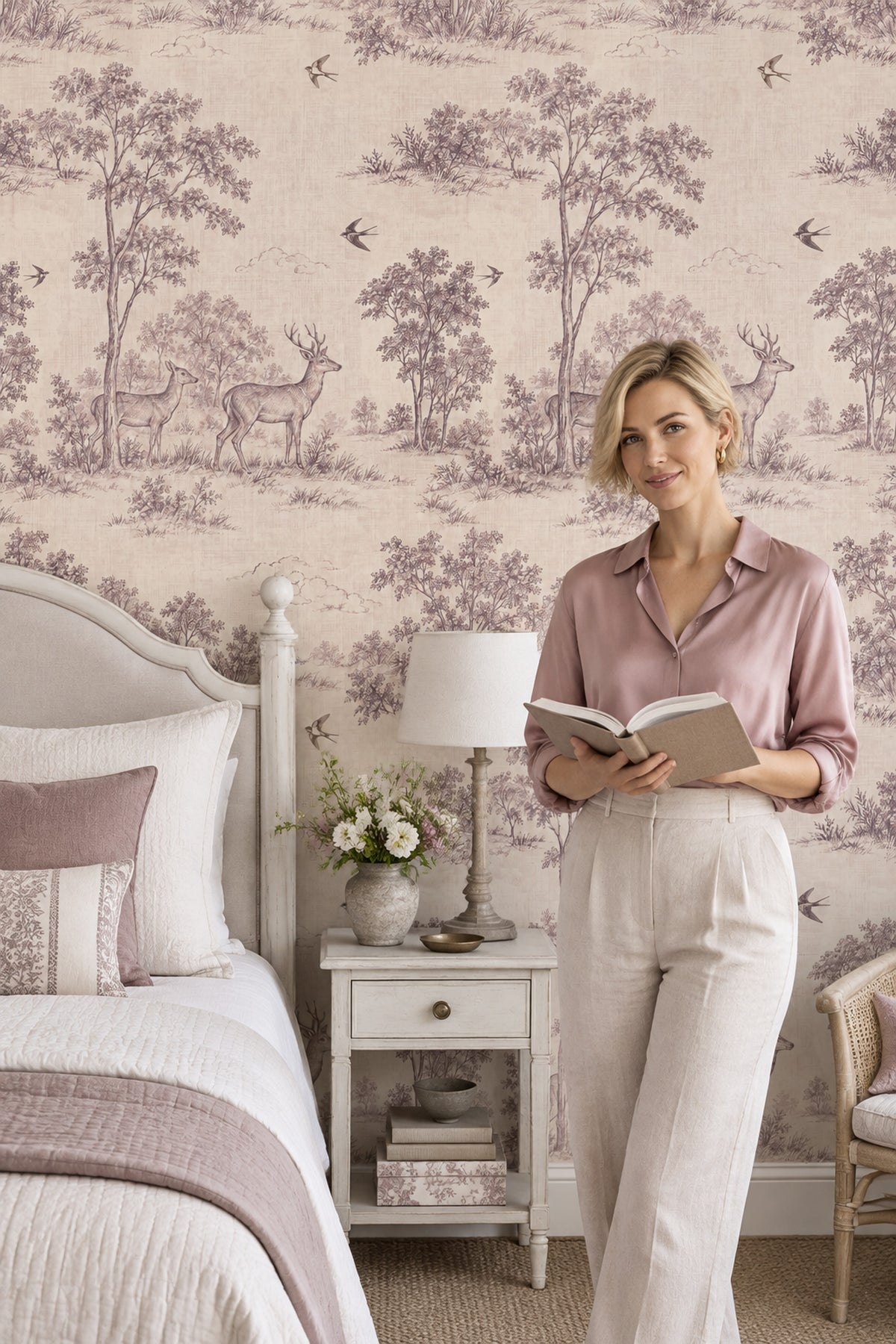 Deer And Birds Wallpaper Vintage Toile Cream Beige