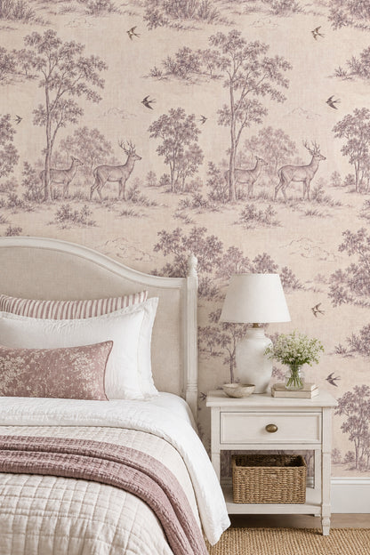 Deer And Birds Wallpaper Vintage Toile Cream Beige