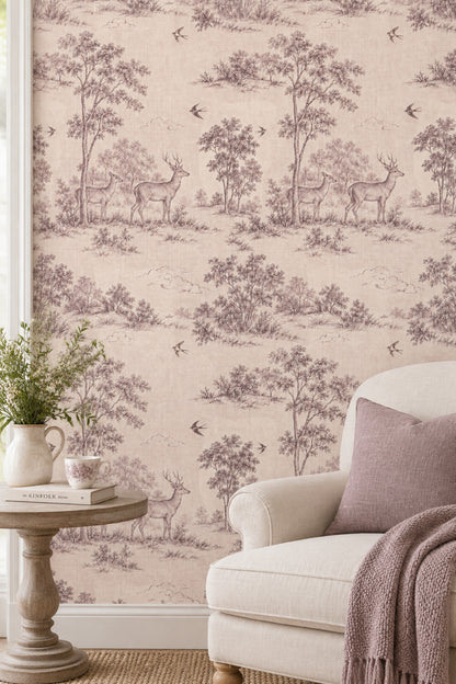 Deer And Birds Wallpaper Vintage Toile Cream Beige