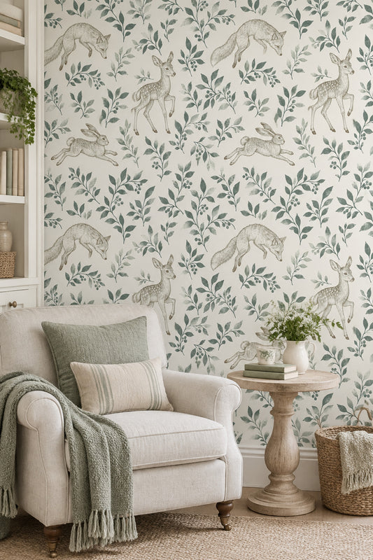 Fox Deer And Hare Wallpaper Vintage Botanical Cream