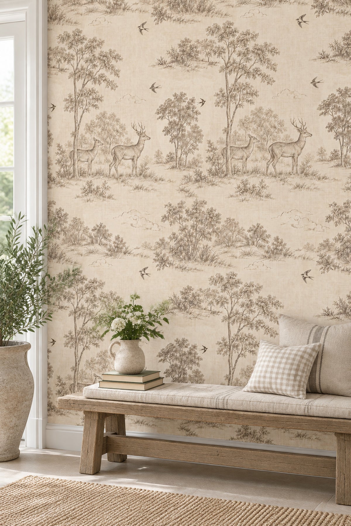 Deer And Birds Wallpaper Sepia Toile Forest Scene