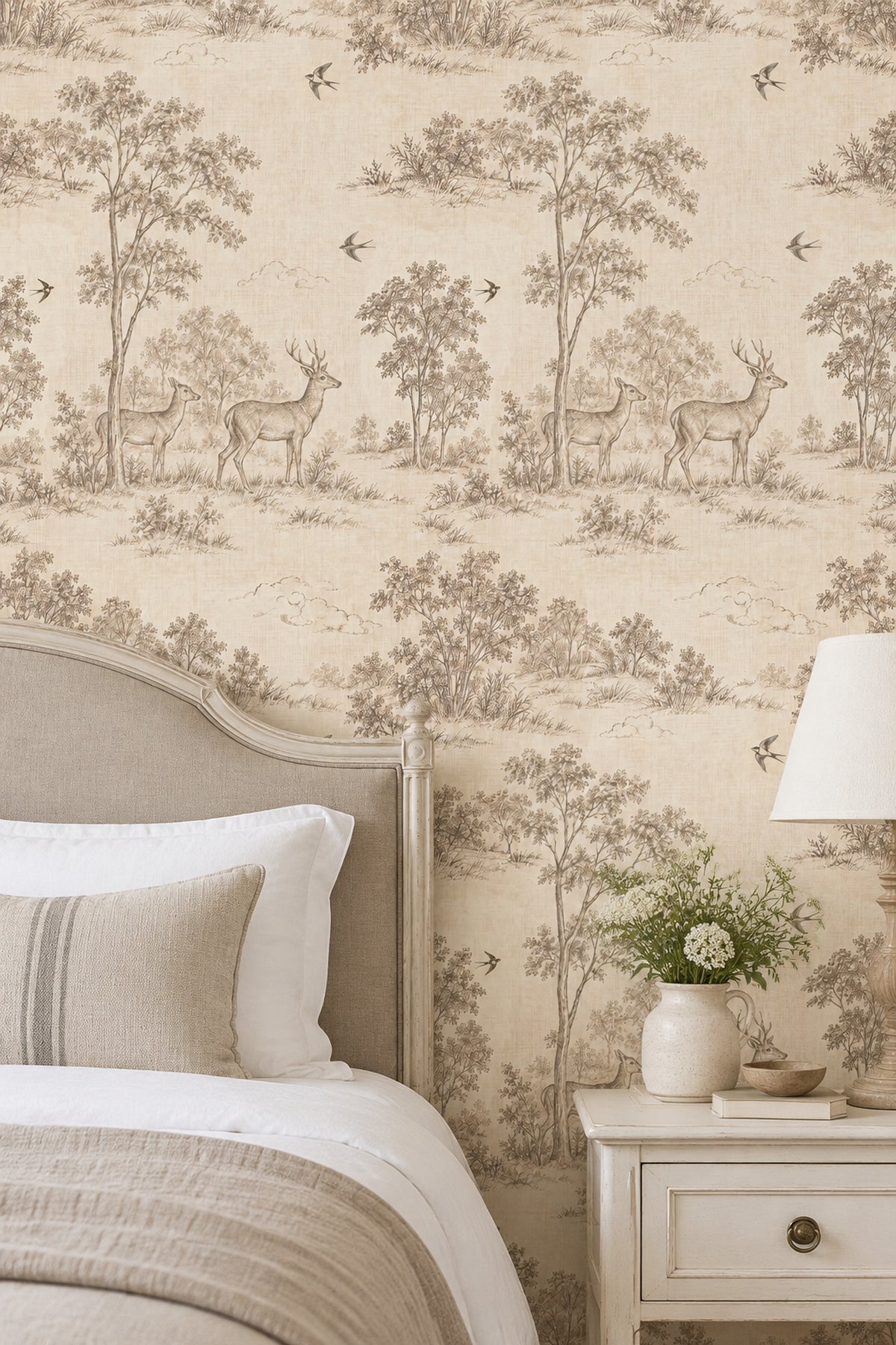 Deer And Birds Wallpaper Sepia Toile Forest Scene