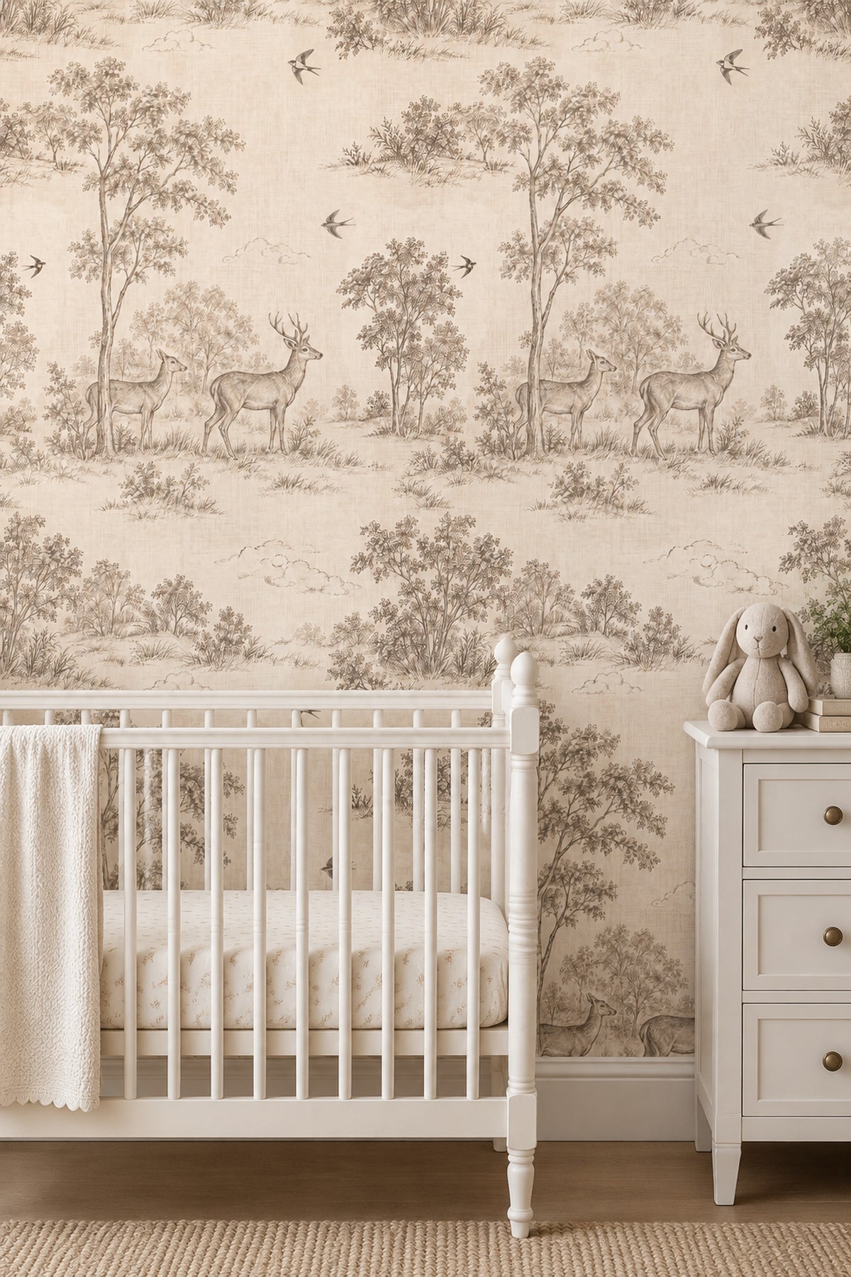 Deer And Birds Wallpaper Sepia Toile Forest Scene